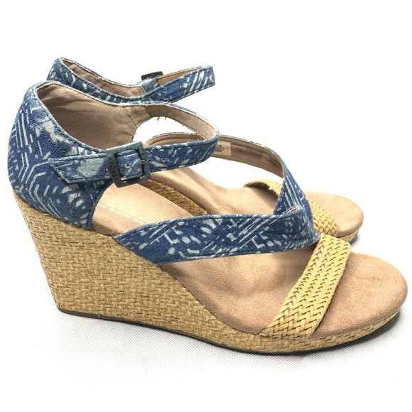 Tom's Chambray Denim Woven Straw Wedge Strappy - Picture 1 of 8